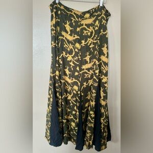 EUC Vintage April Cornell Black & Gold Patterned Pleated Long Maxi Skirt Size XL